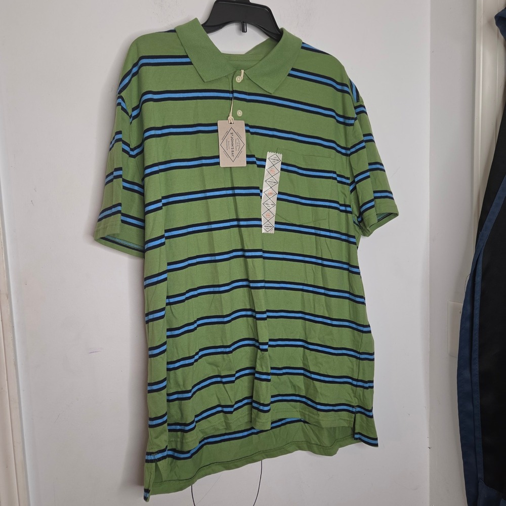 St Johns Bay Mens XXL Green Striped Short Sleeve Cotton Polo Shirt NWT